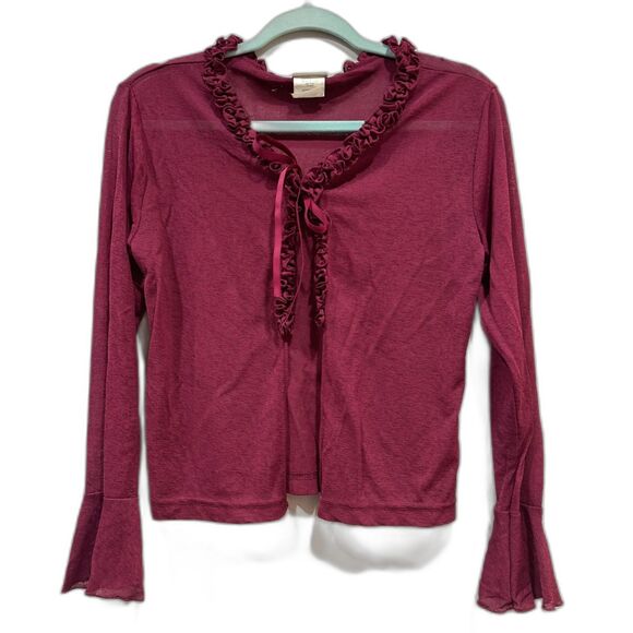 VTG Tie Front Top Sheer Ruffle Bell Sleeve Burgundy Fairy Y2K Coquette Women M - Picture 2 of 9